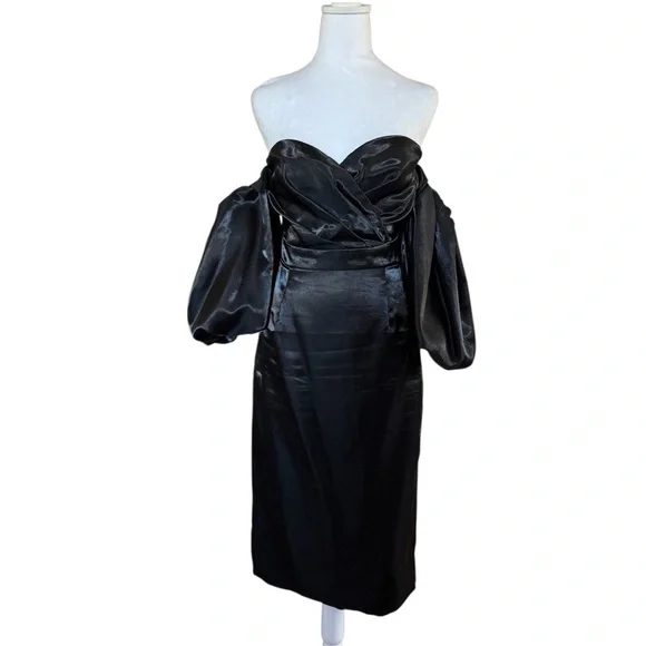 Beulah Style Black Off Shoulder Satin Midi Dress Puff Sleeves - Picture 9 of 16